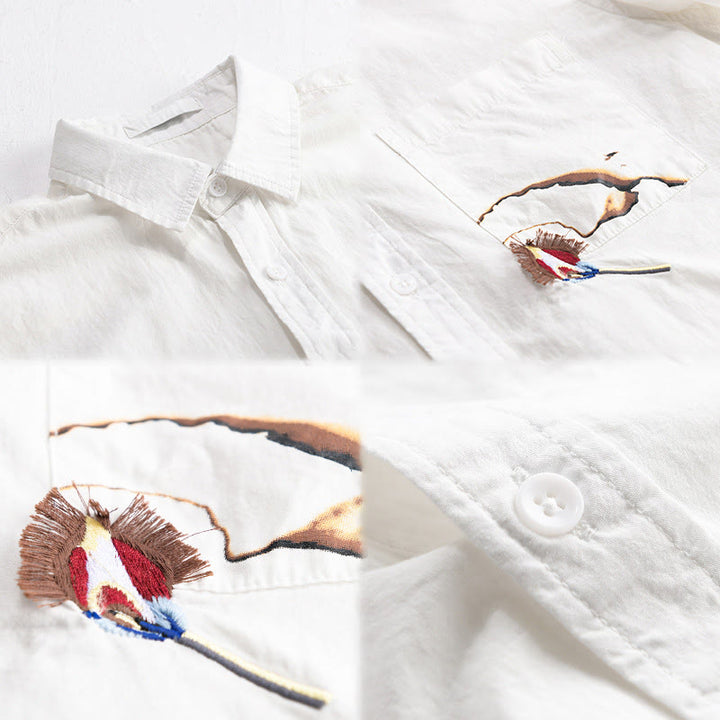 Buddha Stones 夏用ボタンダウン 鳥刺繍 装飾ポケット付き メンズ 半袖 コットンシャツ - image 2