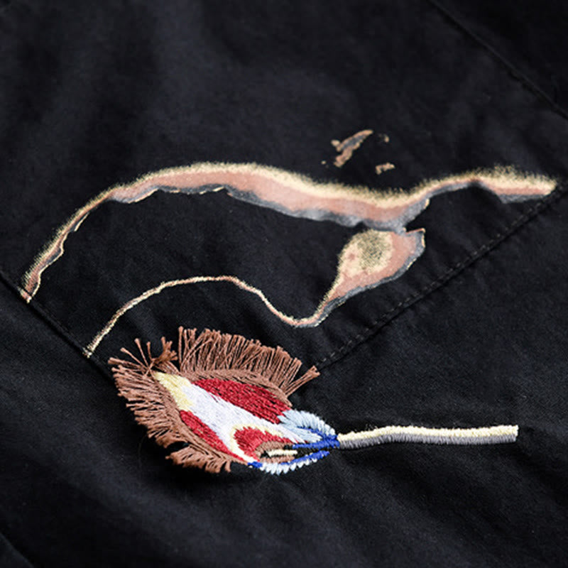 Buddha Stones 夏用ボタンダウン 鳥刺繍 装飾ポケット付き メンズ 半袖 コットンシャツ - image 13