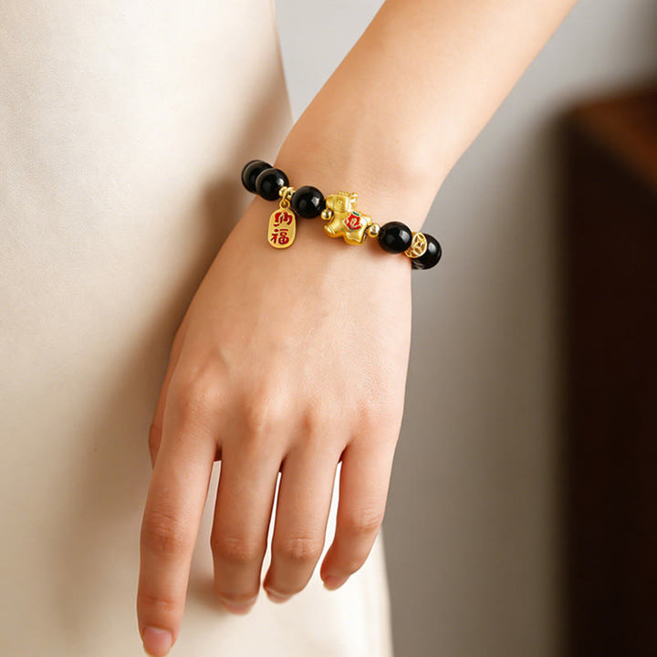 Buddha Stones 午年用ブラックオブシディアンの強さブレスレット - image 3