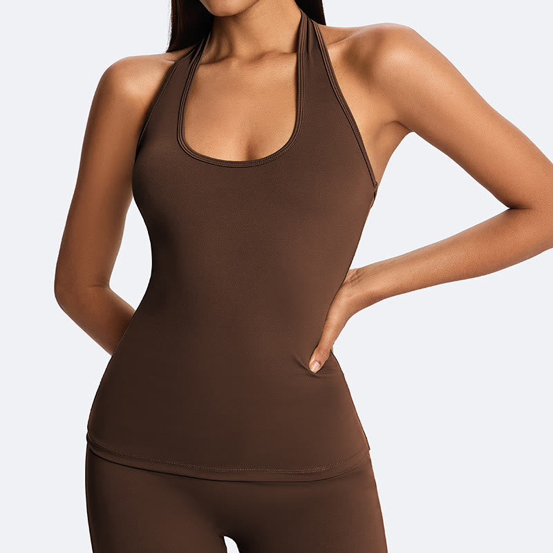 Buddha Stones スポーツフィットネスヨガ用無地クロップホルターバックレスノースリーブトップスストレートレッグパンツ - サドルブラウン(トップのみ) - US14、 UK/AU18、 EU46 (2XL) - image 1