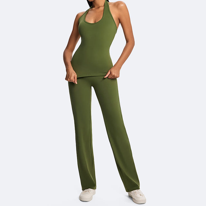 Buddha Stones スポーツフィットネスヨガ用無地クロップホルターバックレスノースリーブトップスストレートレッグパンツ - image 15