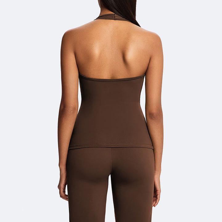 Buddha Stones スポーツフィットネスヨガ用無地クロップホルターバックレスノースリーブトップスストレートレッグパンツ - image 2