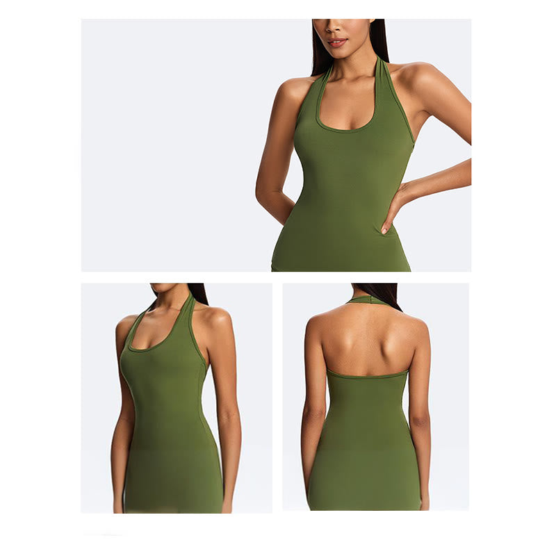 Buddha Stones スポーツフィットネスヨガ用無地クロップホルターバックレスノースリーブトップスストレートレッグパンツ - image 18