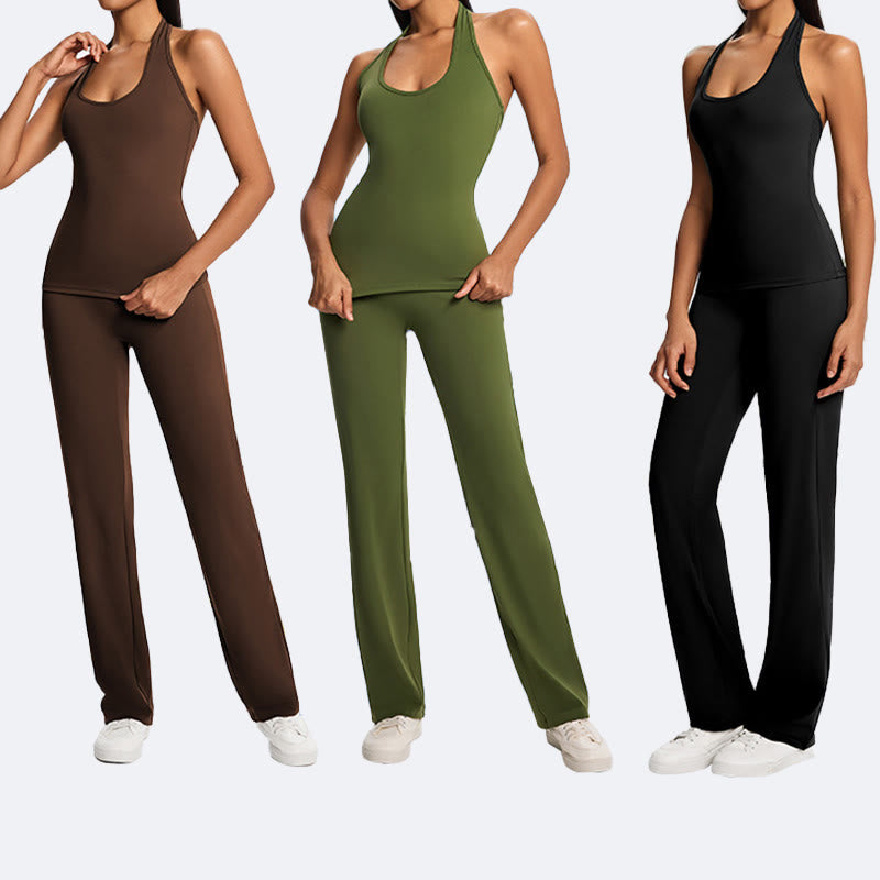 Buddha Stones スポーツフィットネスヨガ用無地クロップホルターバックレスノースリーブトップスストレートレッグパンツ - image 28