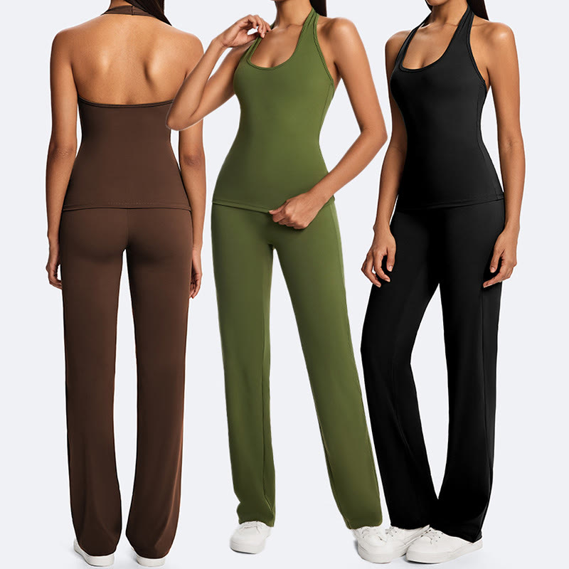 Buddha Stones スポーツフィットネスヨガ用無地クロップホルターバックレスノースリーブトップスストレートレッグパンツ - image 29