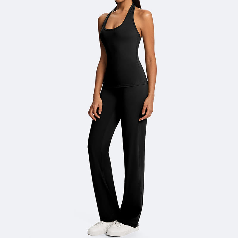 Buddha Stones スポーツフィットネスヨガ用無地クロップホルターバックレスノースリーブトップスストレートレッグパンツ - image 25