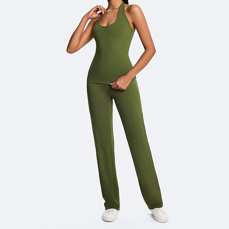 Buddha Stones スポーツフィットネスヨガ用無地クロップホルターバックレスノースリーブトップスストレートレッグパンツ - image 14