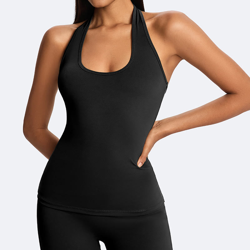 Buddha Stones スポーツフィットネスヨガ用無地クロップホルターバックレスノースリーブトップスストレートレッグパンツ - ブラック（トップのみ） - US14、 UK/AU18、 EU46 (2XL) - image 20