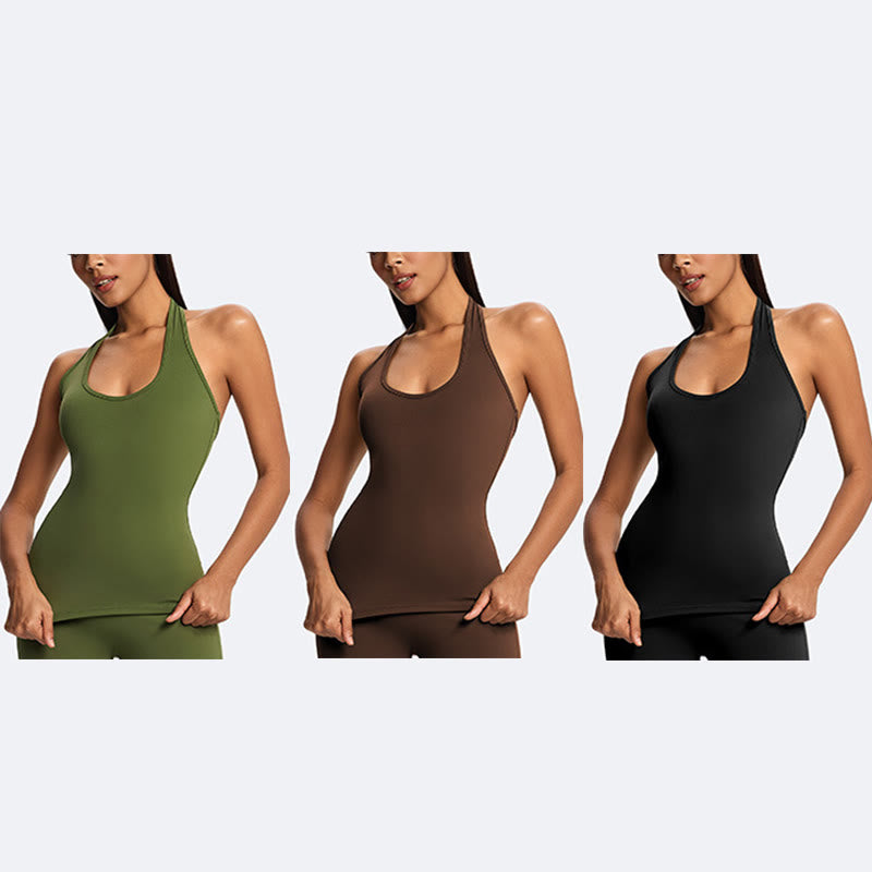 Buddha Stones スポーツフィットネスヨガ用無地クロップホルターバックレスノースリーブトップスストレートレッグパンツ - image 27