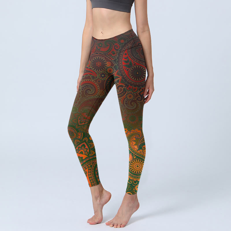 Buddha Stones カシューフラワーペイズリープリントジムレギンスレディースヨガパンツ - サドルブラウン - US18、 UK/AU22、 EU50 (4XL) - image 0