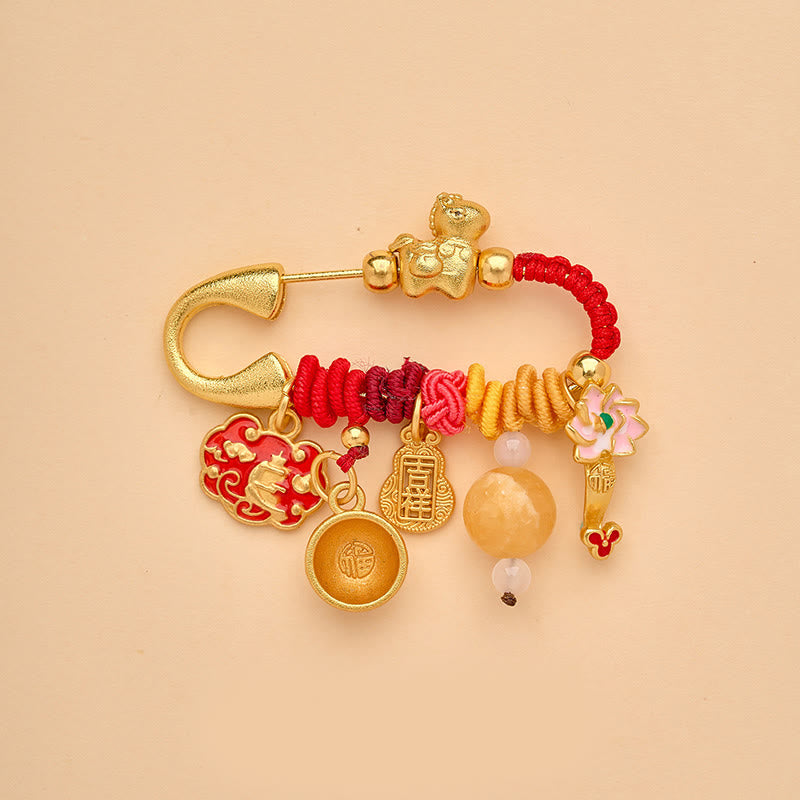 Buddha Stones 馬年福文字蓮華幸運繁栄を引き寄せる如意ハンドル平和のお守りチャーム幸運ブローチ - 縁起の良い馬 - image 0