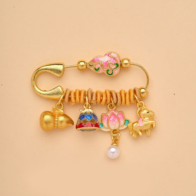 Buddha Stones 馬年福文字蓮華幸運繁栄を引き寄せる如意ハンドル平和のお守りチャーム幸運ブローチ - 蓮のひょうたん馬 - image 5