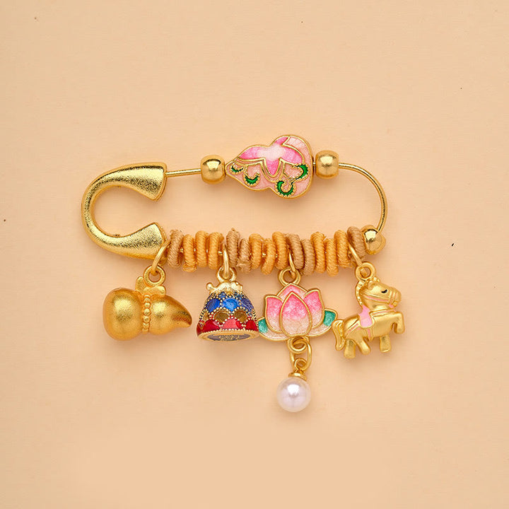 Buddha Stones 馬年福文字蓮華幸運繁栄を引き寄せる如意ハンドル平和のお守りチャーム幸運ブローチ - 蓮のひょうたん馬 - image 5