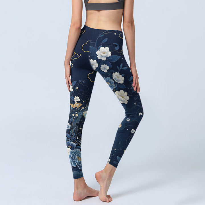 Buddha Stones ブルーホワイト牡丹の花と鯉のプリントジムレギンスレディースヨガパンツ - image 4