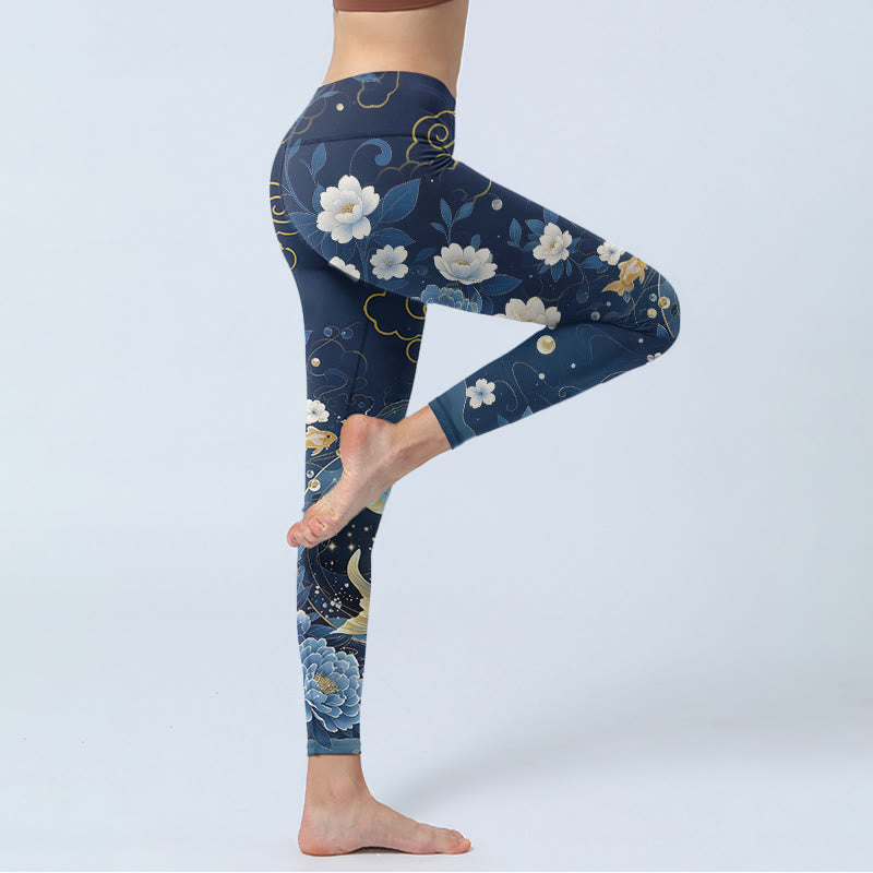 Buddha Stones ブルーホワイト牡丹の花と鯉のプリントジムレギンスレディースヨガパンツ - image 3