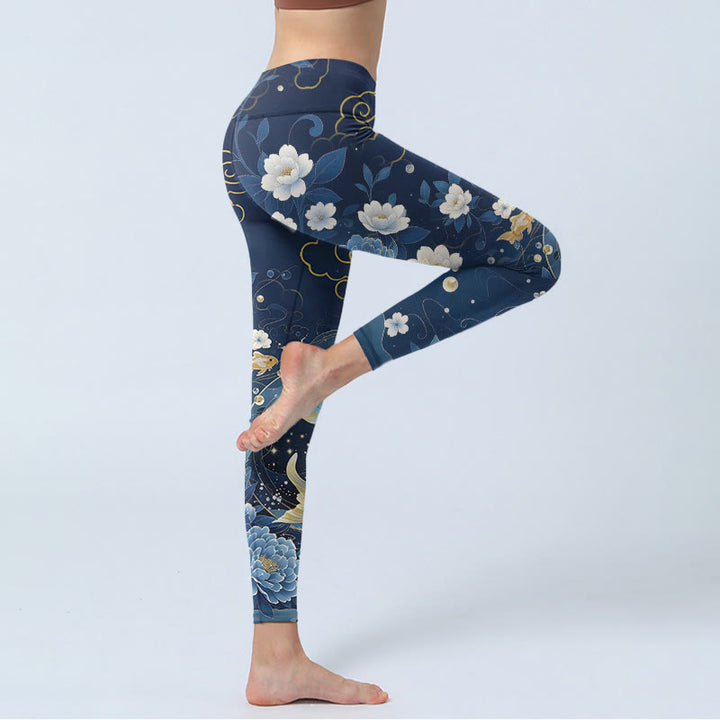 Buddha Stones ブルーホワイト牡丹の花と鯉のプリントジムレギンスレディースヨガパンツ - image 3