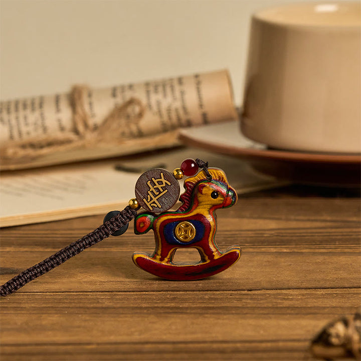 Buddha Stones、午年、レインボーユーカリ、小葉紫檀、リンデンウッド、黒檀の彫刻、正のキーホルダー - image 1