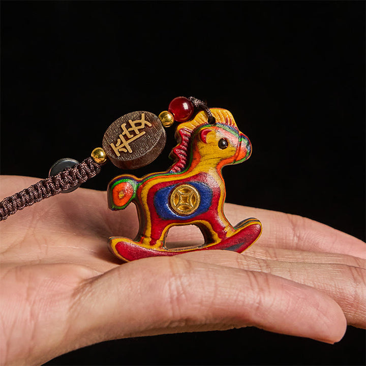 Buddha Stones、午年、レインボーユーカリ、小葉紫檀、リンデンウッド、黒檀の彫刻、正のキーホルダー - image 4