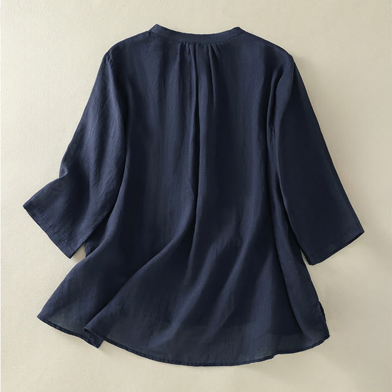 Buddha Stones刺繍入りプリーツデザインスタンドカラー七分袖サイドスリット裾レディースシャツ - image 1