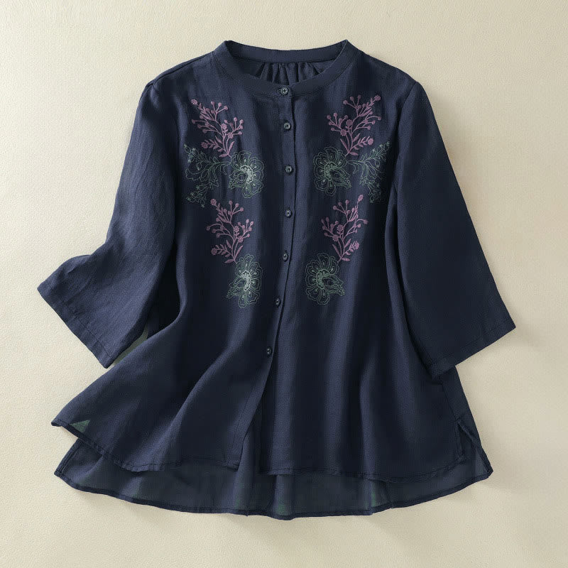 Buddha Stones刺繍入りプリーツデザインスタンドカラー七分袖サイドスリット裾レディースシャツ - ミッドナイトブルー - US8-10，UK/AU12-14，EU40-42 (2XL) - image 0