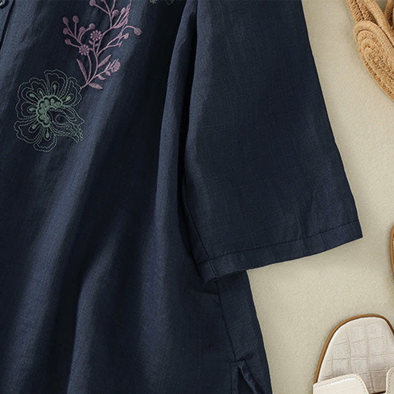 Buddha Stones刺繍入りプリーツデザインスタンドカラー七分袖サイドスリット裾レディースシャツ - image 5