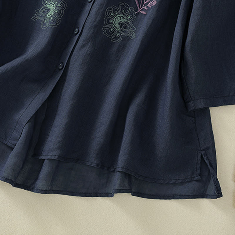Buddha Stones 刺繍プリーツデザインスタンドカラー七分袖サイドスリット裾レディースコットンシャツ - image 6