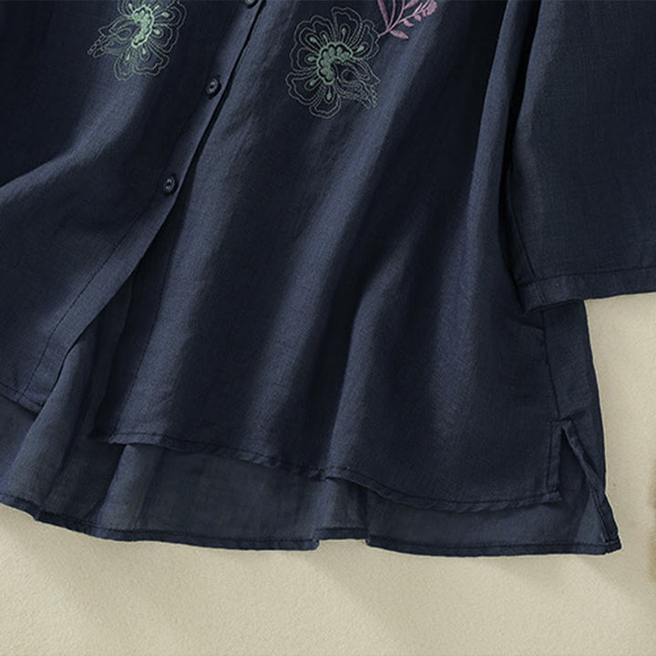 Buddha Stones 刺繍プリーツデザインスタンドカラー七分袖サイドスリット裾レディースコットンシャツ - image 6