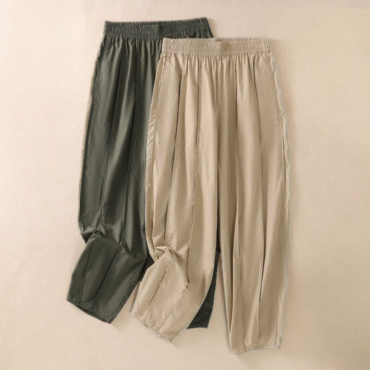 Buddha Stones 夏用シンプル無地ハイウエストプリーツレディースハーレムパンツ（ポケット付き） - image 0