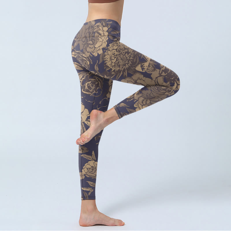 Buddha Stones レトロカラースキームフラワーバタフライリーフプリントジムレギンスレディースヨガパンツ - image 3