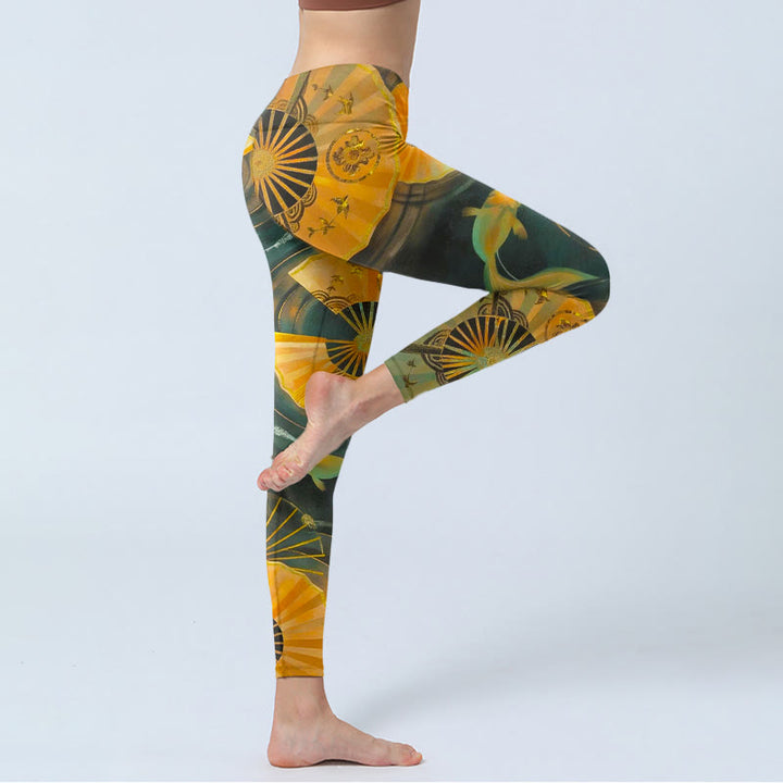 Buddha Stones ゴージャスな扇子と鯉のプリントのジムレギンス、レディースヨガパンツ - image 3