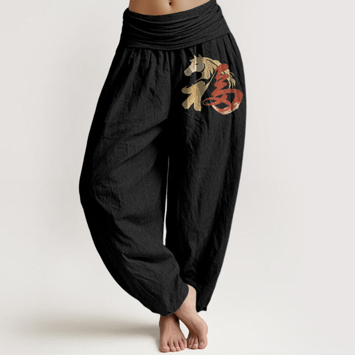 Buddha Stones 純綿 午年 福柄 レディース ウエストゴム ハーレムパンツ - 黒 - US16、 UK/AU20、 EU48 (3XL) - image 0