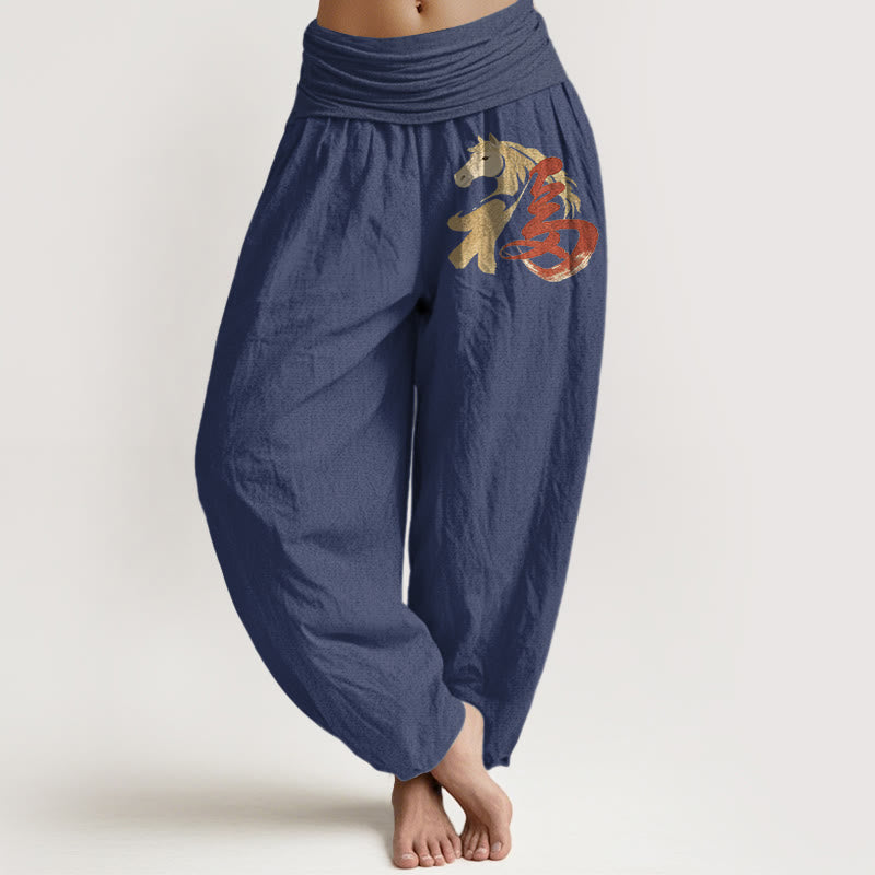 Buddha Stones 純綿 午年 福柄 レディース ウエストゴム ハーレムパンツ - ダークスレートブルー - US16、 UK/AU20、 EU48 (3XL) - image 5