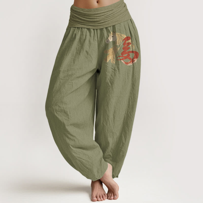 Buddha Stones 純綿 午年 福柄 レディース ウエストゴム ハーレムパンツ - オリーブドラブ - US16、 UK/AU20、 EU48 (3XL) - image 14
