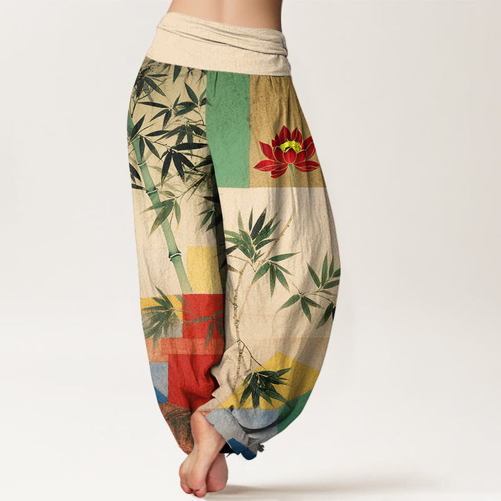 Buddha Stones コットン カラフル バンブー ロータス 幾何学模様 レディース 伸縮性ウエスト ハーレムパンツ - image 1