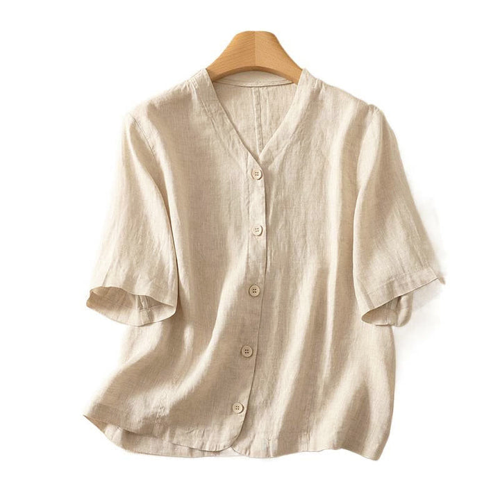 Buddha Stones 夏用無地Vネックボタンシンプルデザインレディース半袖シャツ - image 13