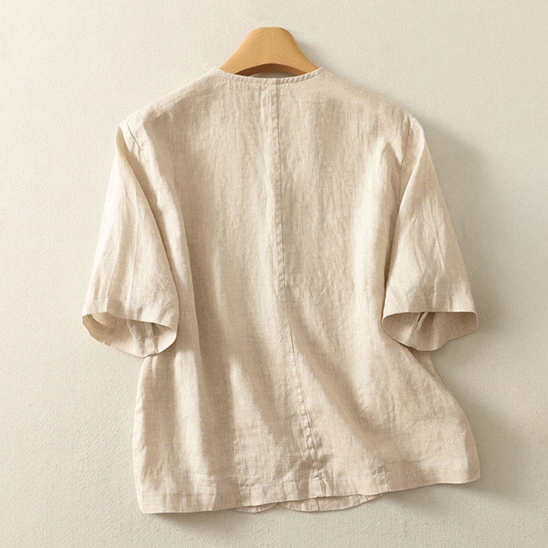 Buddha Stones 夏用無地Vネックボタンシンプルデザインレディース半袖シャツ - image 5