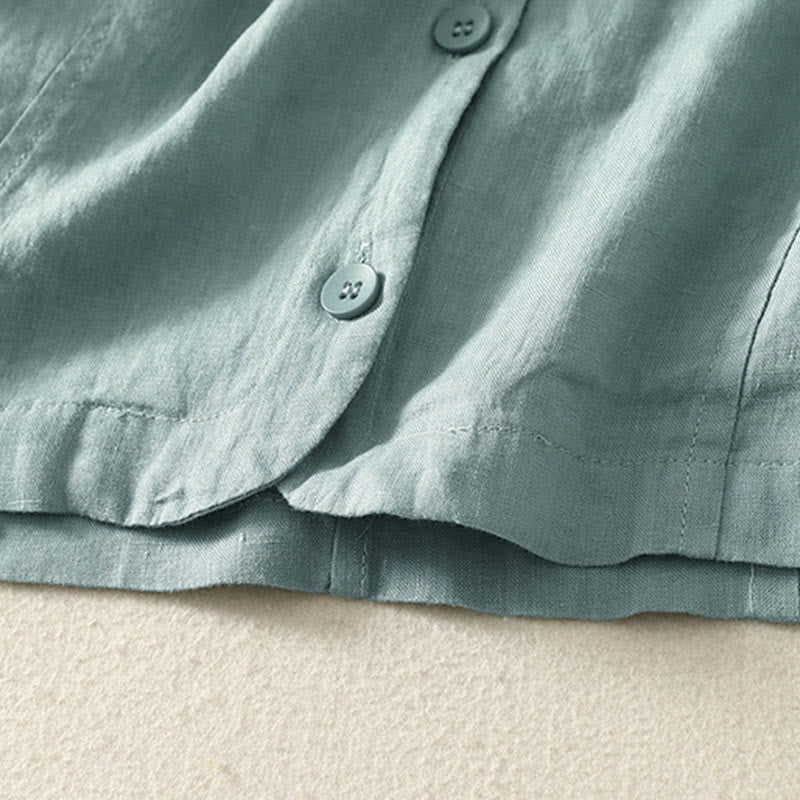 Buddha Stones 夏用無地Vネックボタンシンプルデザインレディース半袖シャツ - image 3