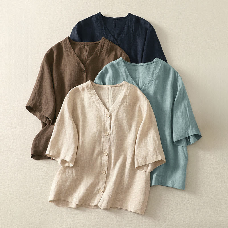 Buddha Stones 夏用無地Vネックボタンシンプルデザインレディース半袖シャツ - image 22