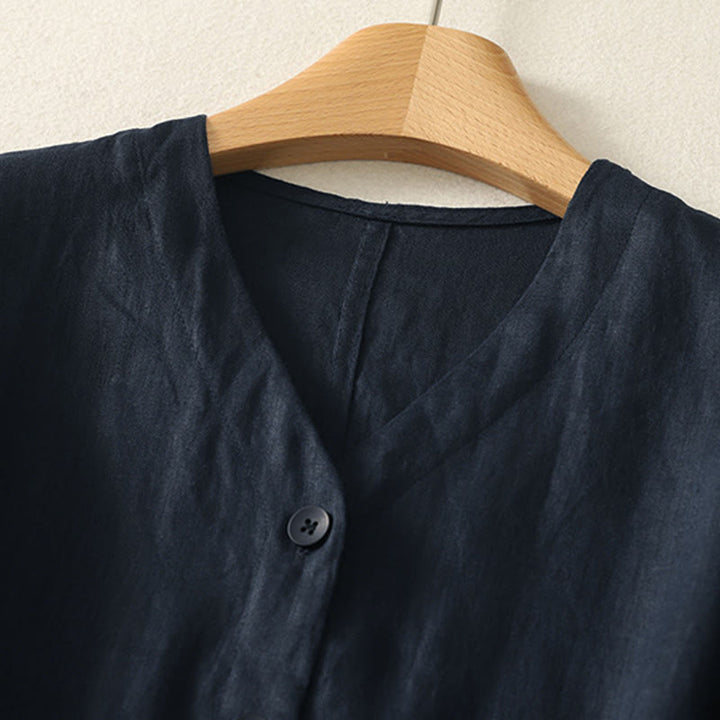 Buddha Stones 夏用無地Vネックボタンシンプルデザインレディース半袖シャツ - image 15