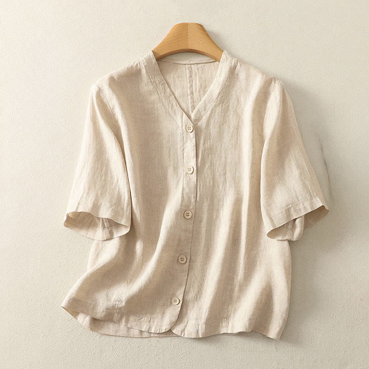 Buddha Stones 夏用無地Vネックボタンシンプルデザインレディース半袖シャツ - パパイヤホイップ - US8-10，UK/AU12-14，EU40-42 (2XL) - image 4