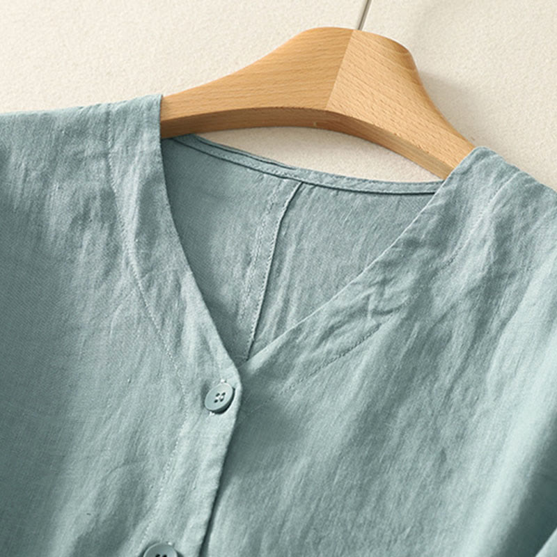 Buddha Stones 夏用無地Vネックボタンシンプルデザインレディース半袖シャツ - image 1