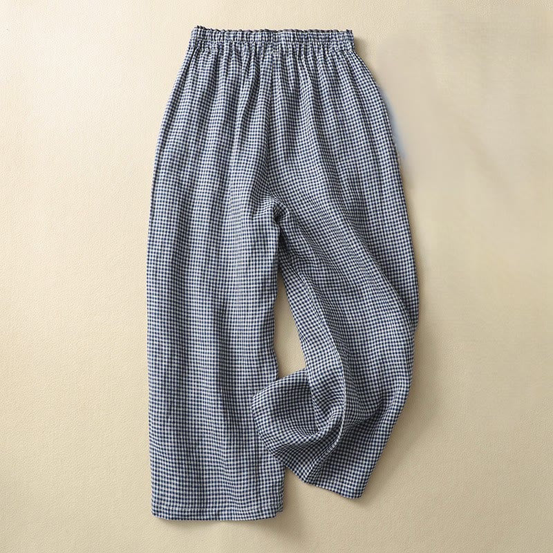 Buddha Stones通勤カジュアル チェック柄 7-8丈 レディース ワイドレッグ コットンリネン パンツ ポケット付き - 海軍 - US8-10，UK/AU12-14，EU40-42 (2XL) - image 0
