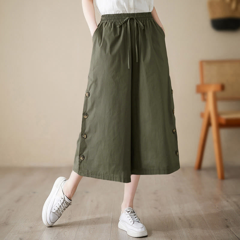 Buddha Stones プレーンなボタン付きサイドデザインカプリクロップドレディースワイドレッグパンツ（ポケット付き） - ダークオリーブグリーン - US8-10，UK/AU12-14，EU40-42 (2XL) - image 10