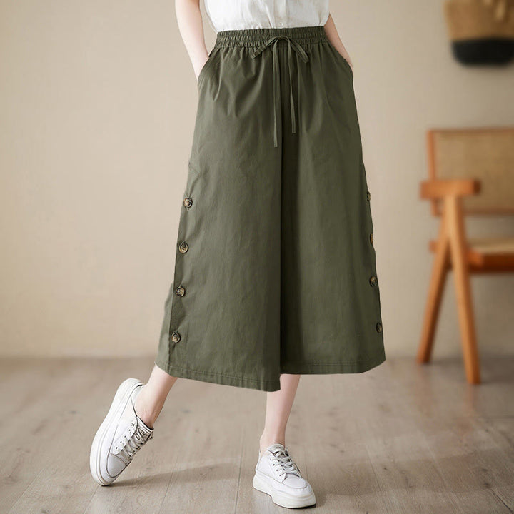 Buddha Stones プレーンなボタン付きサイドデザインカプリクロップドレディースワイドレッグパンツ（ポケット付き） - ダークオリーブグリーン - US8-10，UK/AU12-14，EU40-42 (2XL) - image 10