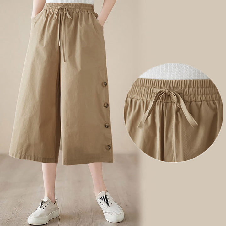 Buddha Stones プレーンなボタン付きサイドデザインカプリクロップドレディースワイドレッグパンツ（ポケット付き） - image 18