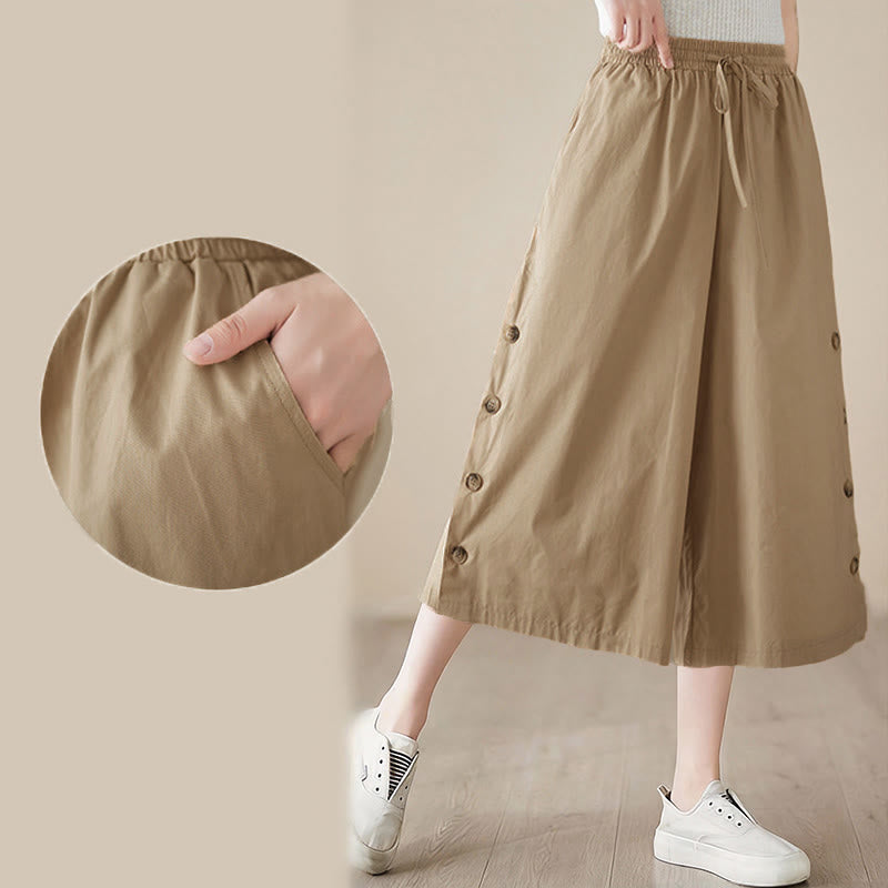 Buddha Stones プレーンなボタン付きサイドデザインカプリクロップドレディースワイドレッグパンツ（ポケット付き） - image 19