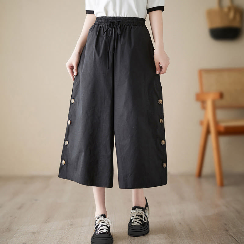 Buddha Stones プレーンなボタン付きサイドデザインカプリクロップドレディースワイドレッグパンツ（ポケット付き） - 黒 - US8-10，UK/AU12-14，EU40-42 (2XL) - image 5