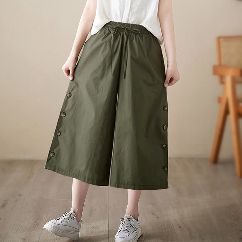 Buddha Stones プレーンなボタン付きサイドデザインカプリクロップドレディースワイドレッグパンツ（ポケット付き） - image 12