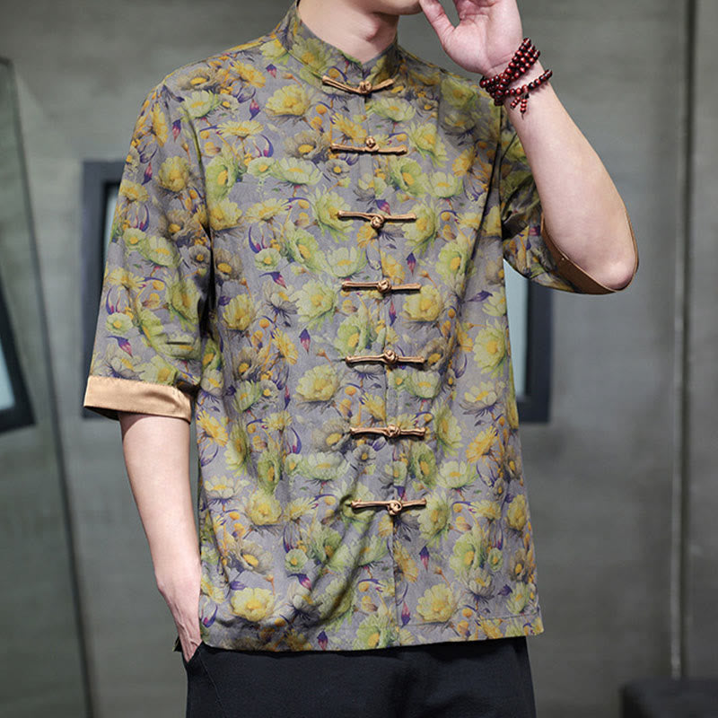 Buddha Stones 夏 カラフル 花柄 葉柄 半袖 カエルボタンデザイン メンズ コットンシャツ - image 9