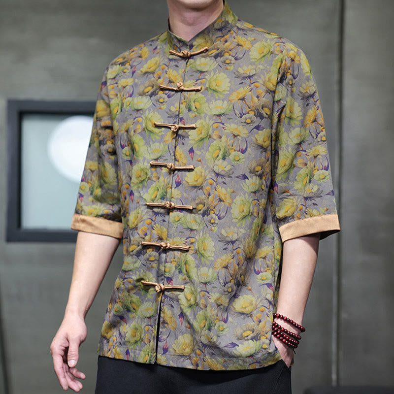 Buddha Stones 夏 カラフル 花柄 葉柄 半袖 カエルボタンデザイン メンズ コットンシャツ - アザミ - US/UK/AU46、 EU56 (5XL) - image 7